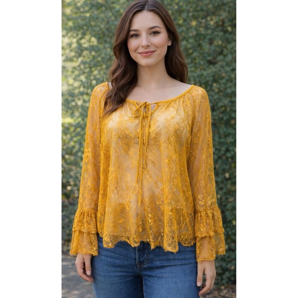 Tops - Womens XL Yellow Floral Lace Top Sheer Ruffle Sleeve Peasant Boho Fairycore